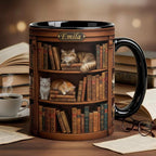 Personalized Book Cat Lover Mug, Custom Bookshelf with Sleeping Cat Coffee Cup, Gift for Reading Lover
