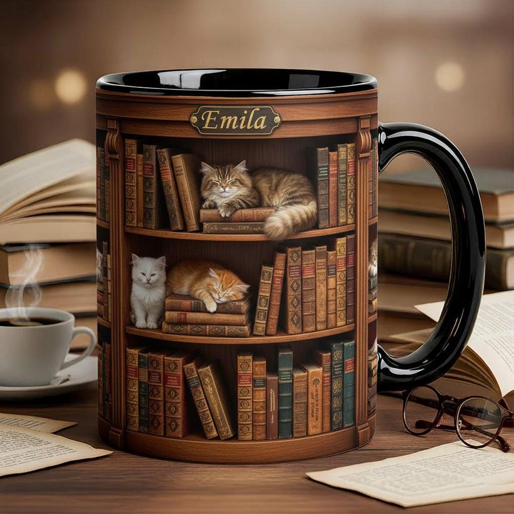 Personalized Book Cat Lover Mug, Custom Bookshelf with Sleeping Cat Coffee Cup, Gift for Reading Lover