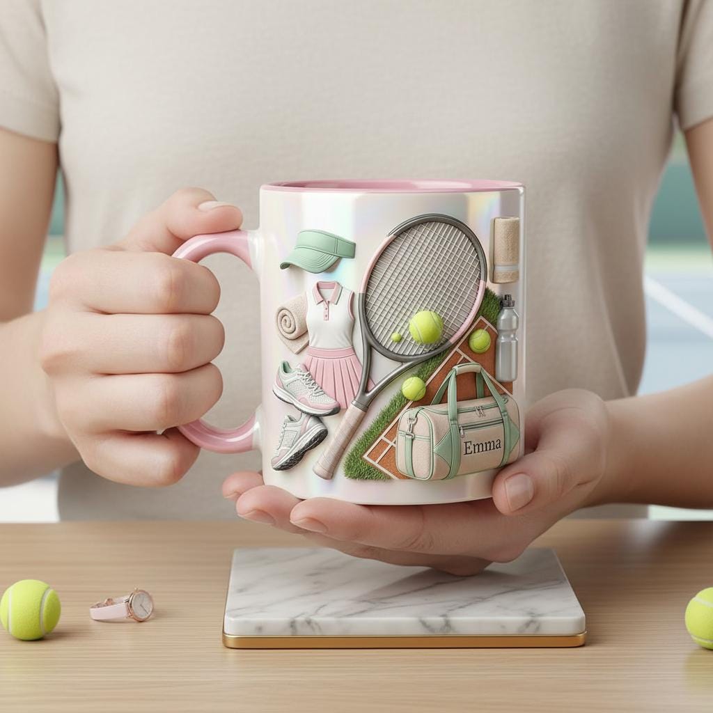 Personalized Tennis Faux 3D Effect Accent Mug, Cute Tennis Coffee Cup, Gift For Tennis Lover - image 5