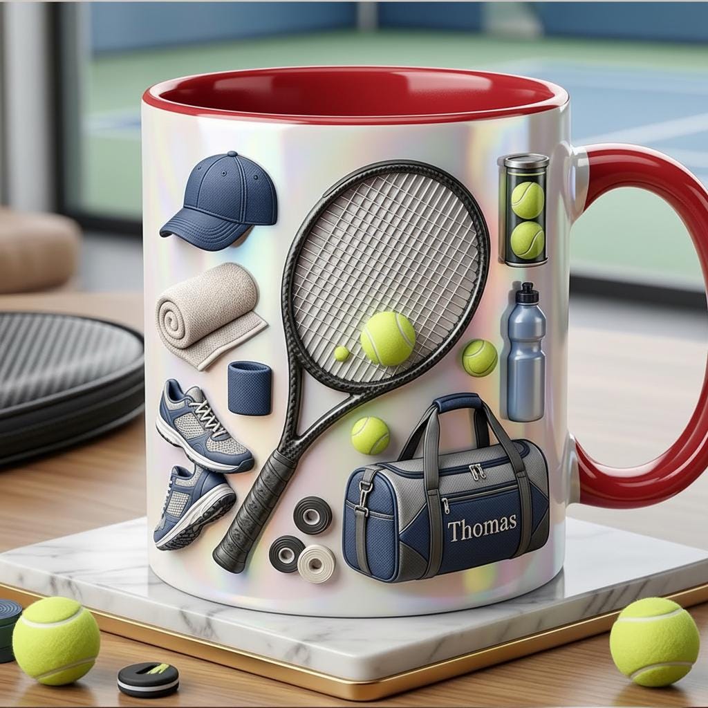 Personalized Tennis Accent Mug, Cute Tennis Coffee Cup, Gift For Tennis Lover, Faux 3D Effect - image 2