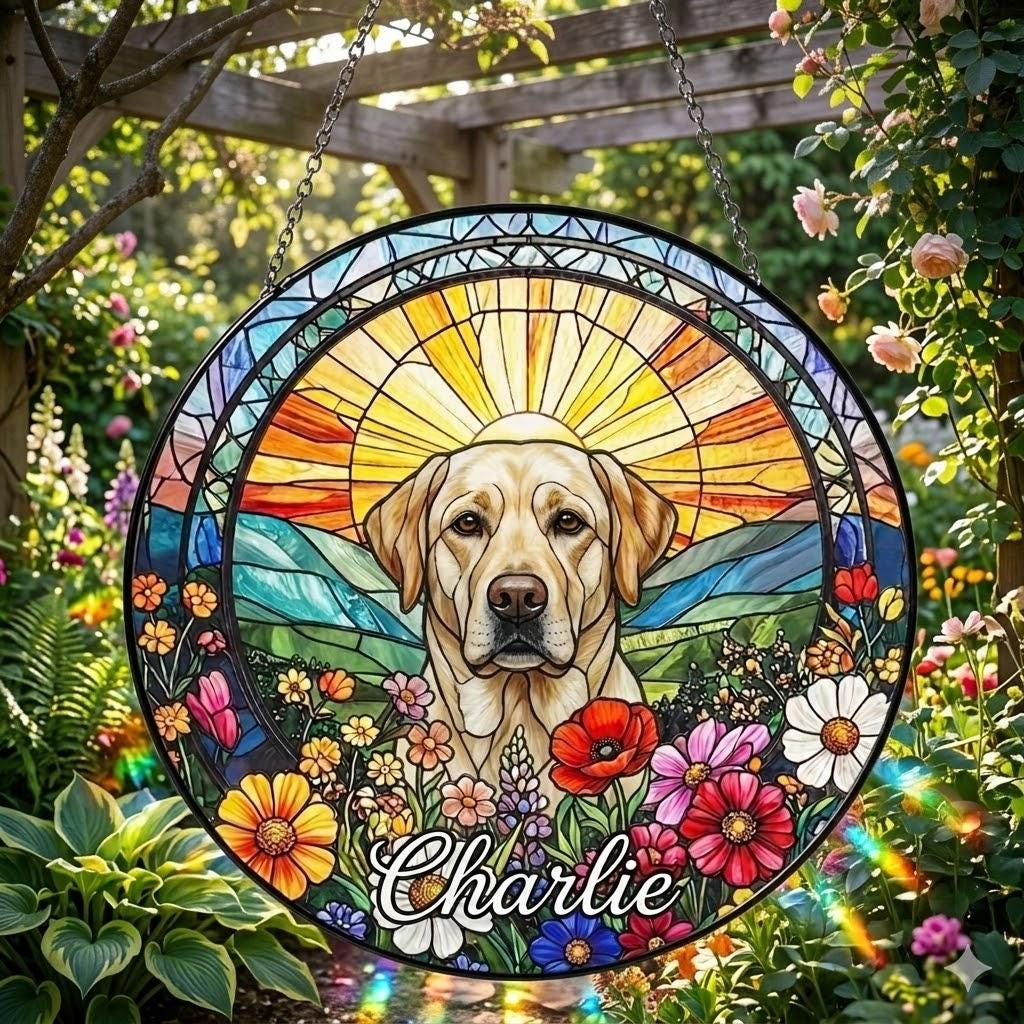 Personalized Labrador Retriever Dog Portrait Stained Glass Suncatcher, Custom Pet Memorial Stained Glass Photo Suncatcher, Dog Loss Keepsake - image 4