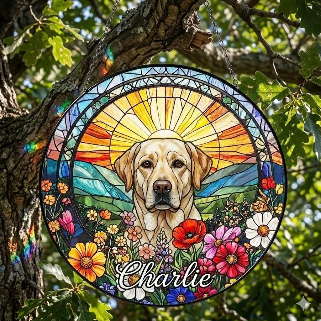 Personalized Labrador Retriever Dog Portrait Stained Glass Suncatcher, Custom Pet Memorial Stained Glass Photo Suncatcher, Dog Loss Keepsake - image 2