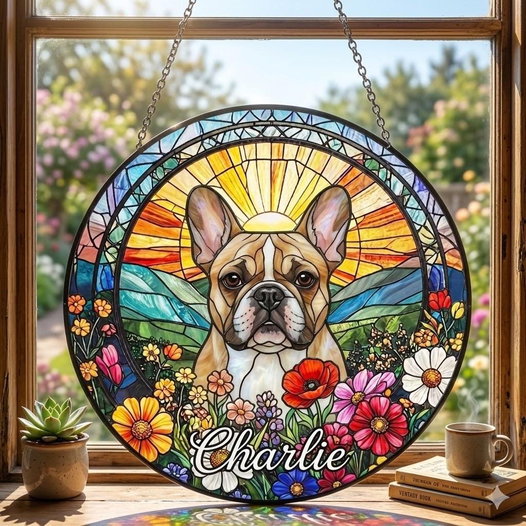 Personalized French Bulldog Dog Portrait Stained Glass Suncatcher, Custom Pet Memorial Stained Glass Photo Suncatcher, Dog Loss Keepsake