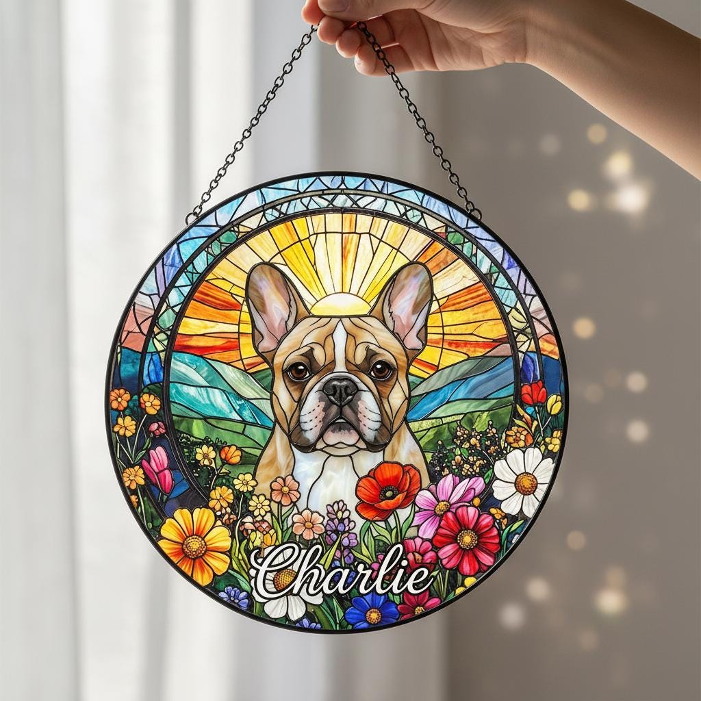Personalized French Bulldog Dog Portrait Stained Glass Suncatcher, Custom Pet Memorial Stained Glass Photo Suncatcher, Dog Loss Keepsake - image 4