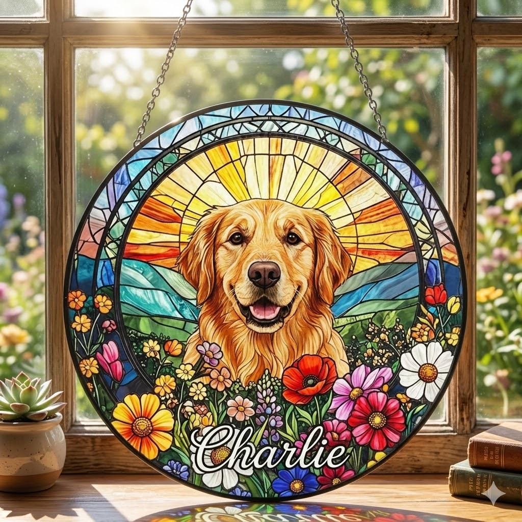 Personalized Golden Retriever Dog Portrait Stained Glass Suncatcher, Custom Pet Memorial Stained Glass Photo Suncatcher, Dog Loss Keepsake