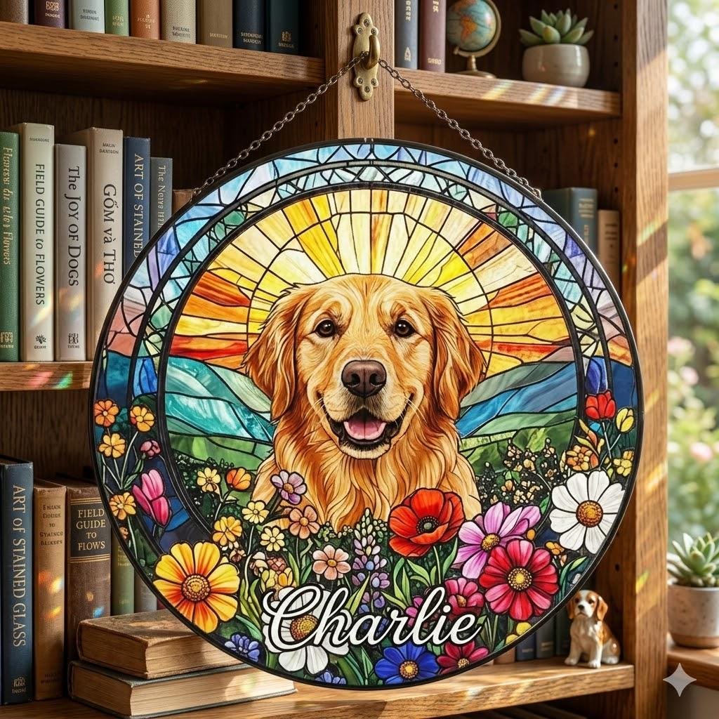 Personalized Golden Retriever Dog Portrait Stained Glass Suncatcher, Custom Pet Memorial Stained Glass Photo Suncatcher, Dog Loss Keepsake - image 5