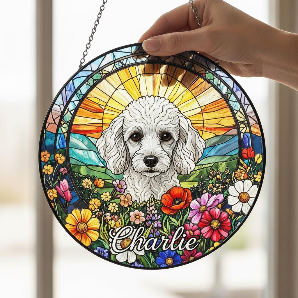 Personalized Poodle Dog Portrait Stained Glass Suncatcher, Custom Pet Memorial Stained Glass Photo Suncatcher, Dog Loss Keepsake - image 4