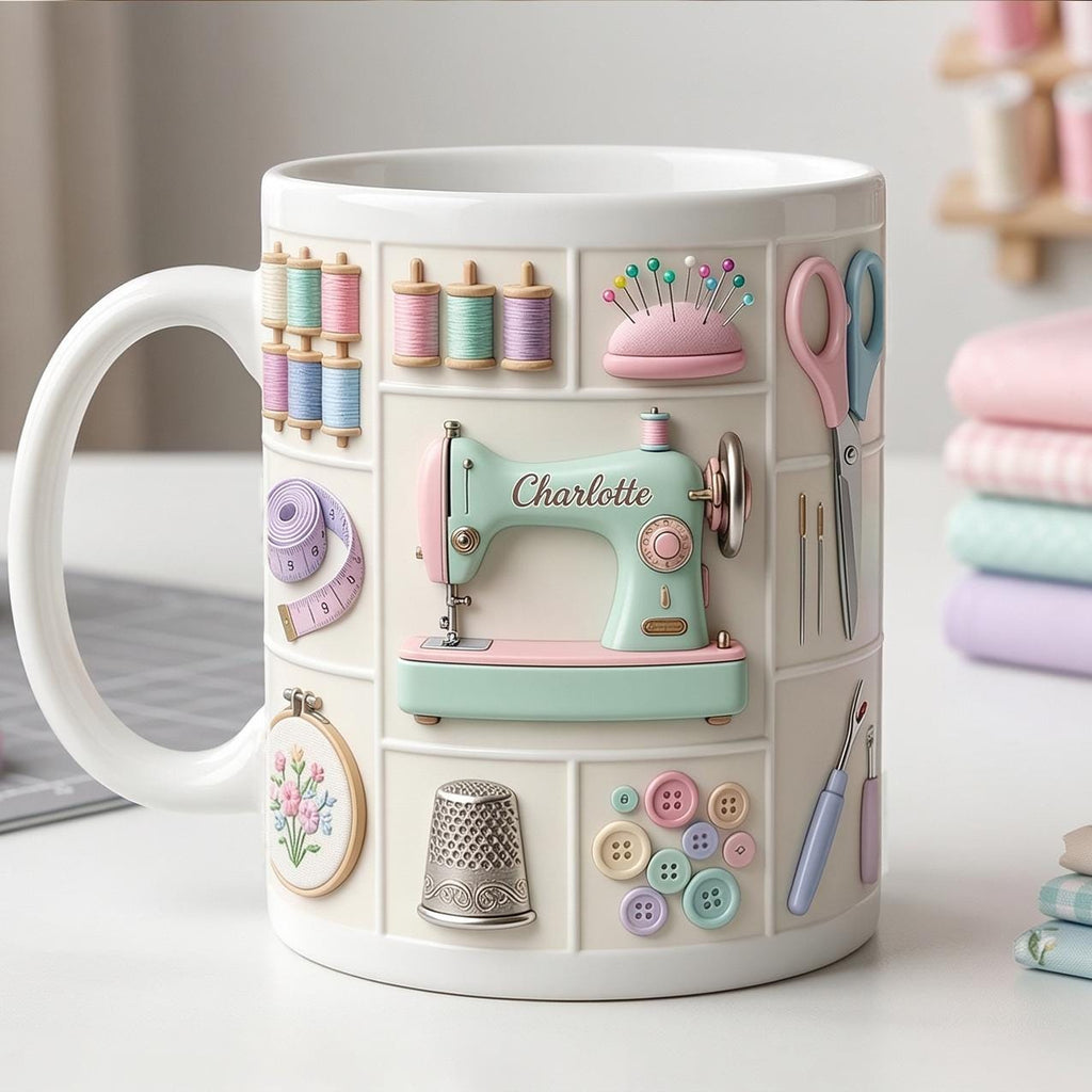 Personalized Sewing Machine Mug, Faux 3D Craft Coffee Mug, Sewing Lover Gift, Crochet Lover Mug