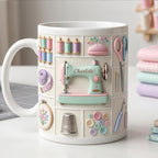 Personalized Sewing Machine Mug, Faux 3D Craft Coffee Mug, Sewing Lover Gift, Crochet Lover Mug