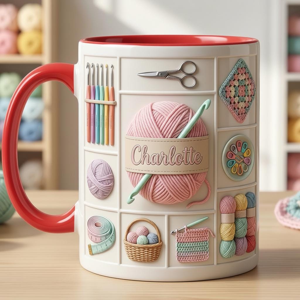 Personalized Crochet Mug, Knitting Lover Gift, Handmade With Love Coffee Cup, Faux 3D Effect - image 3