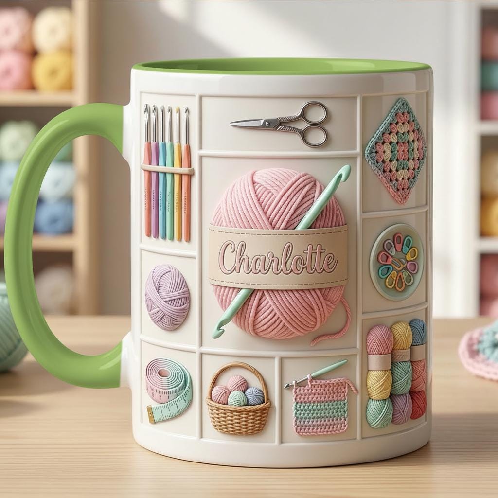 Personalized Crochet Mug, Knitting Lover Gift, Handmade With Love Coffee Cup, Faux 3D Effect - image 4