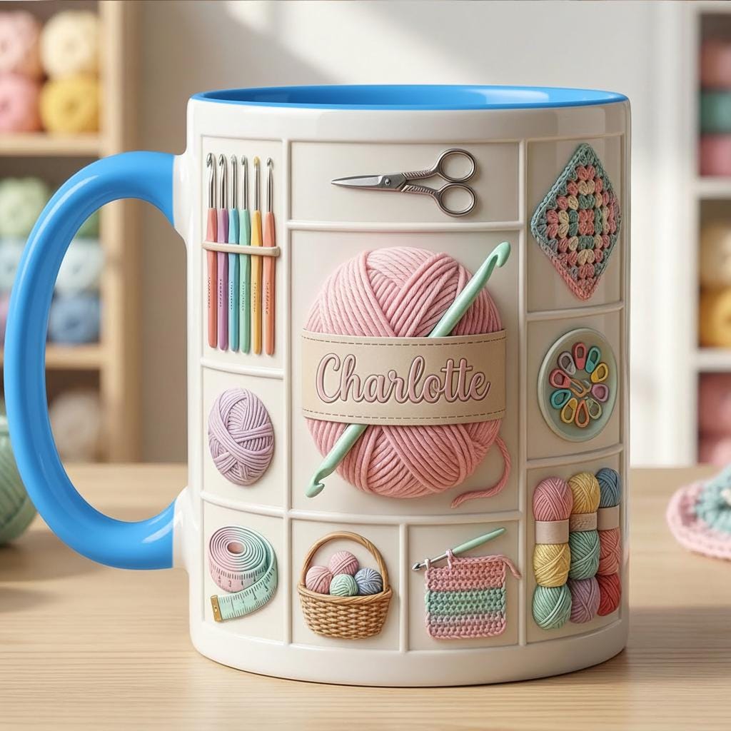 Personalized Crochet Mug, Knitting Lover Gift, Handmade With Love Coffee Cup, Faux 3D Effect - image 6