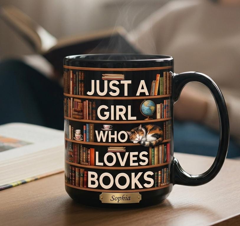 Personalized Book Cat Lover Mug, Custom Bookshelf Just A Girl Who Loves Book Coffee Cup