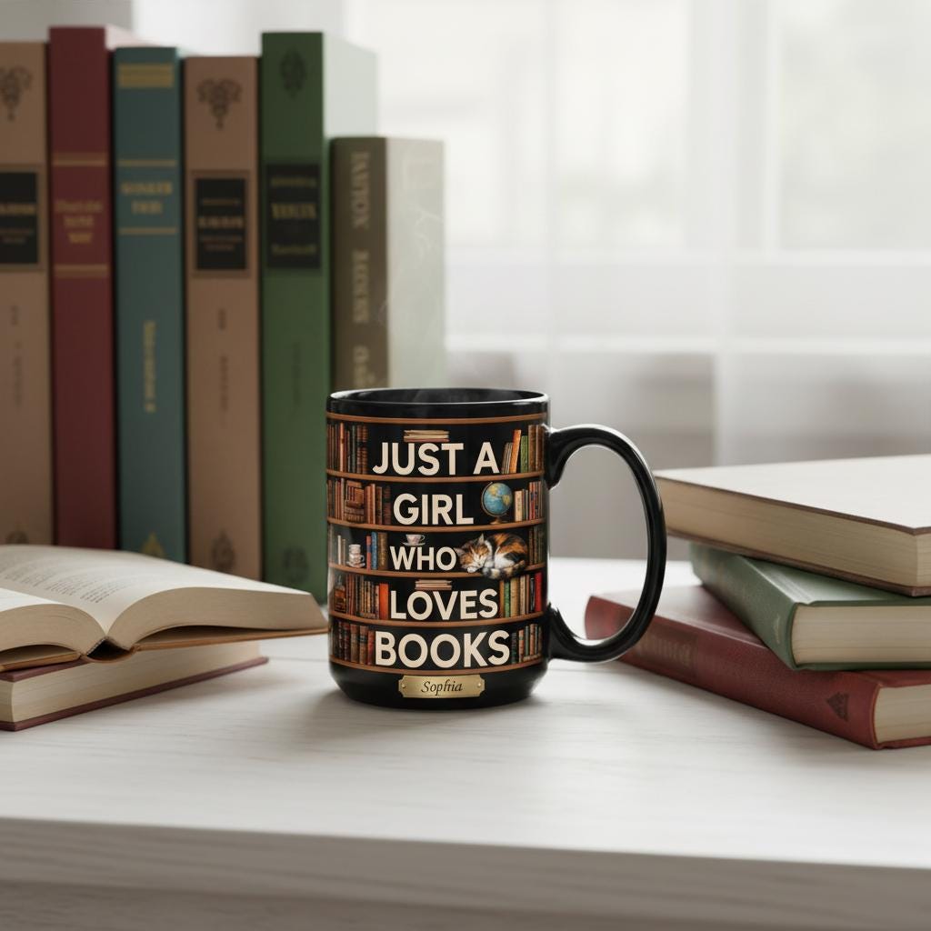 Personalized Book Cat Lover Mug, Custom Bookshelf Just A Girl Who Loves Book Coffee Cup - image 2