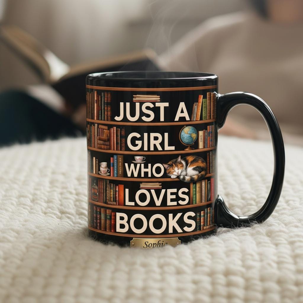 Personalized Book Cat Lover Mug, Custom Bookshelf Just A Girl Who Loves Book Coffee Cup - image 3