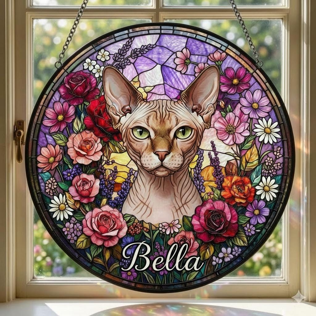 Personalized Sphynx  Cat Portrait Stained Glass Suncatcher, Custom Pet Memorial Stained Glass Photo Suncatcher, Cat Loss Keepsake