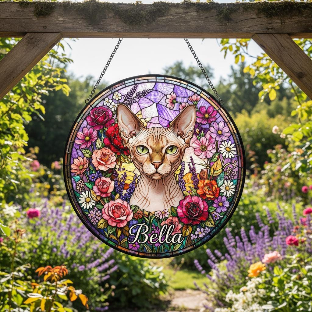 Personalized Sphynx  Cat Portrait Stained Glass Suncatcher, Custom Pet Memorial Stained Glass Photo Suncatcher, Cat Loss Keepsake - image 4