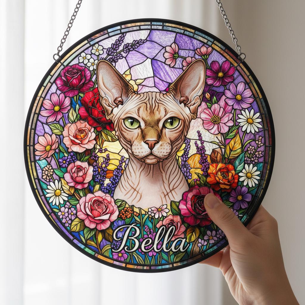 Personalized Sphynx  Cat Portrait Stained Glass Suncatcher, Custom Pet Memorial Stained Glass Photo Suncatcher, Cat Loss Keepsake - image 3