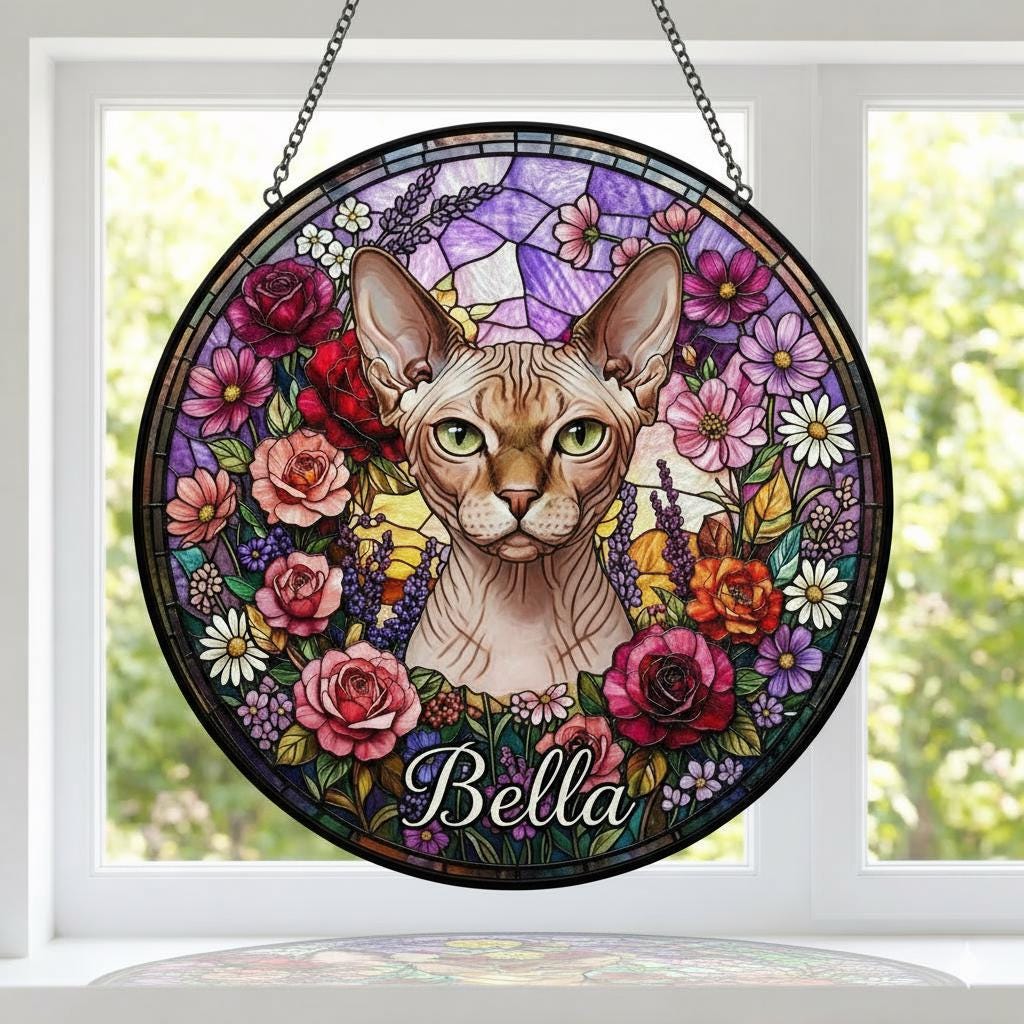 Personalized Sphynx  Cat Portrait Stained Glass Suncatcher, Custom Pet Memorial Stained Glass Photo Suncatcher, Cat Loss Keepsake - image 5