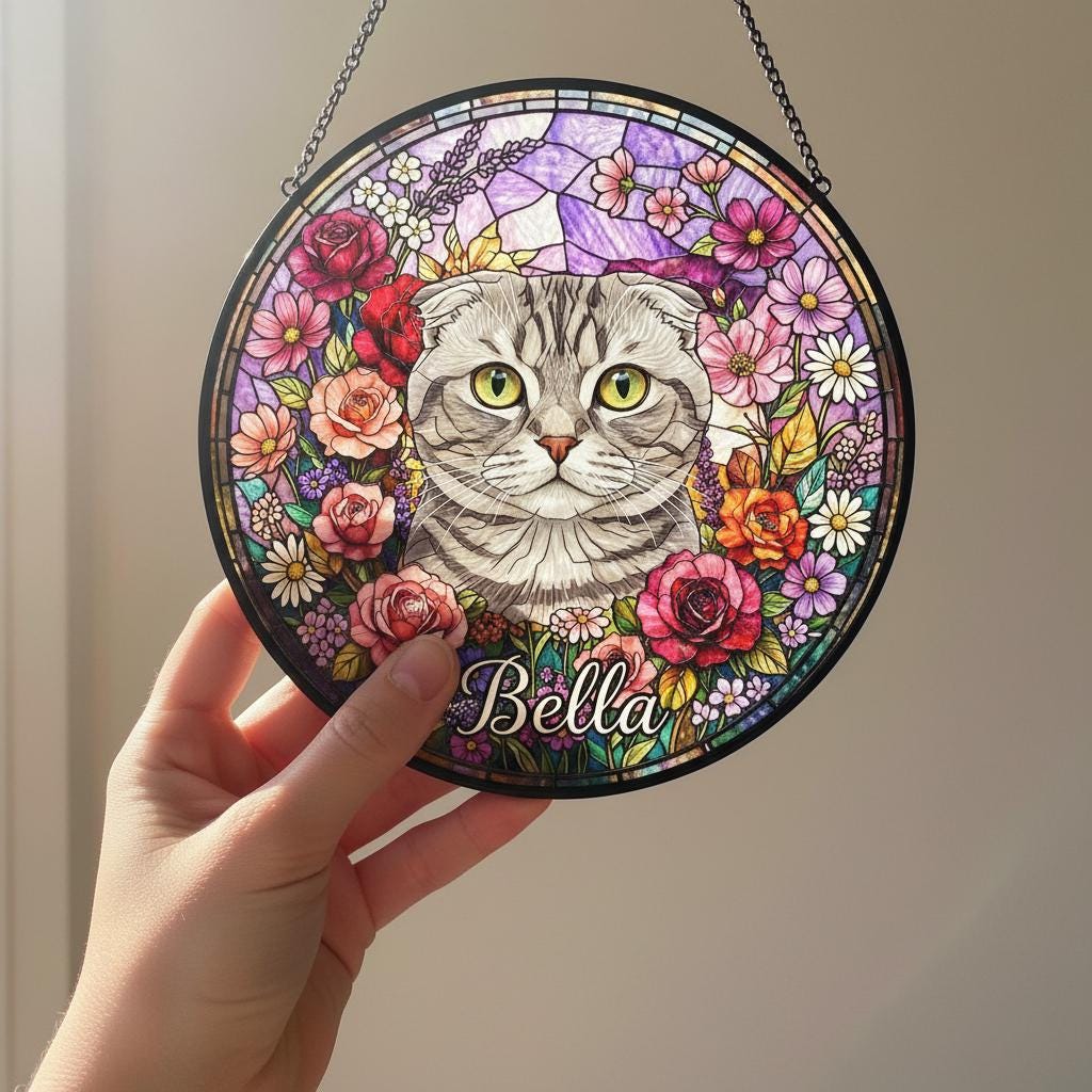 Personalized Scottish Fold Cat Portrait Stained Glass Suncatcher, Custom Pet Memorial Stained Glass Photo Suncatcher, Cat Loss Keepsake - image 5