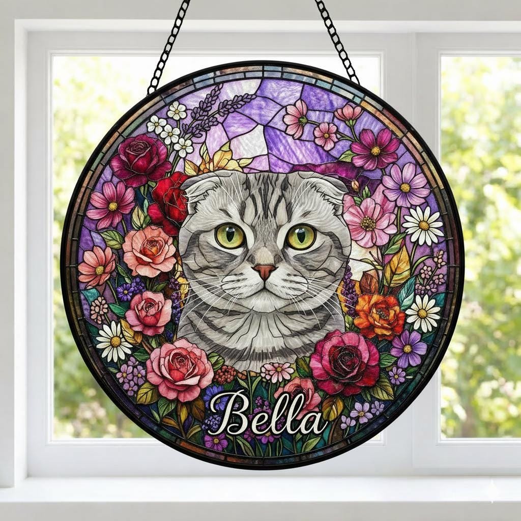 Personalized Scottish Fold Cat Portrait Stained Glass Suncatcher, Custom Pet Memorial Stained Glass Photo Suncatcher, Cat Loss Keepsake - image 2