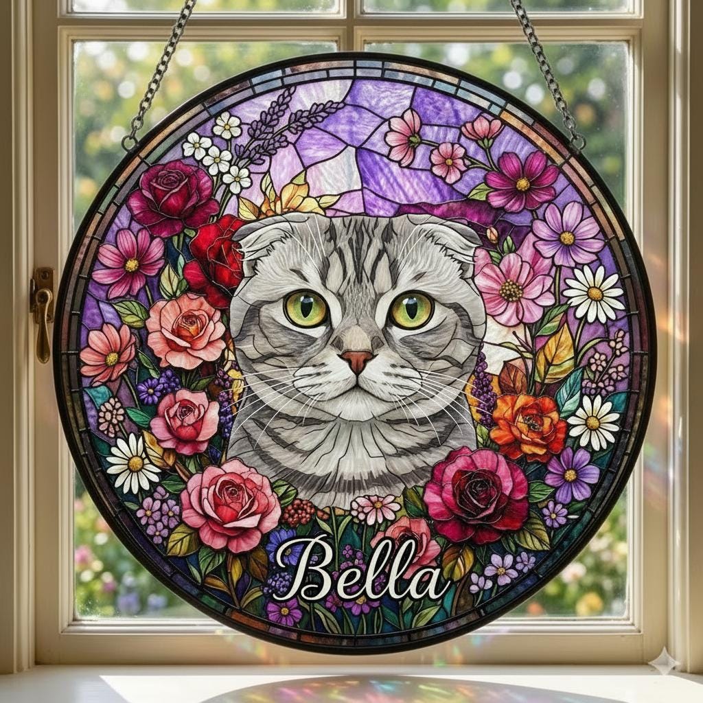 Personalized Scottish Fold Cat Portrait Stained Glass Suncatcher, Custom Pet Memorial Stained Glass Photo Suncatcher, Cat Loss Keepsake