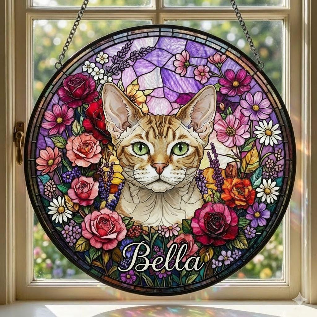 Personalized Devon Rex Cat Portrait Stained Glass Suncatcher, Custom Pet Memorial Stained Glass Photo Suncatcher, Cat Loss Keepsake