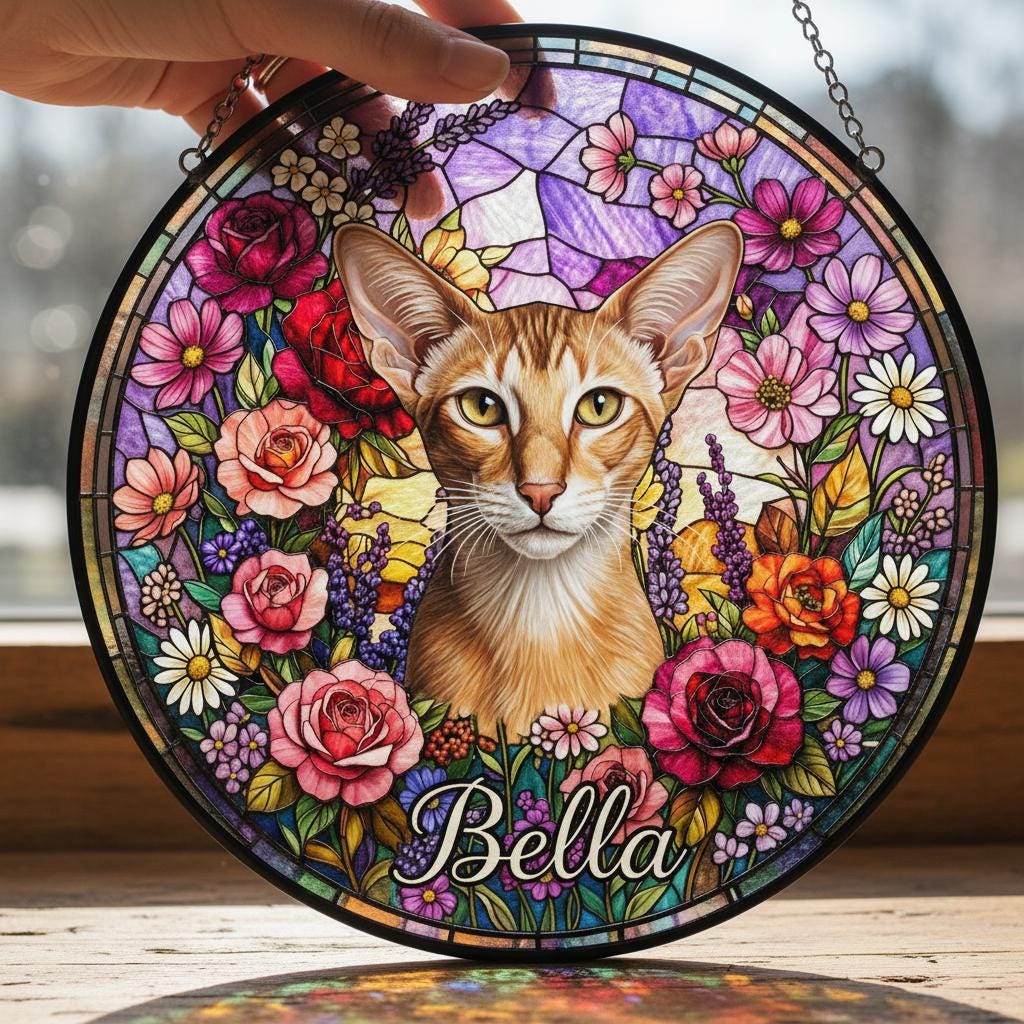 Personalized Oriental Shorthair Cat Portrait Stained Glass Suncatcher, Custom Pet Memorial Stained Glass Photo Suncatcher, Cat Loss Keepsake - image 2
