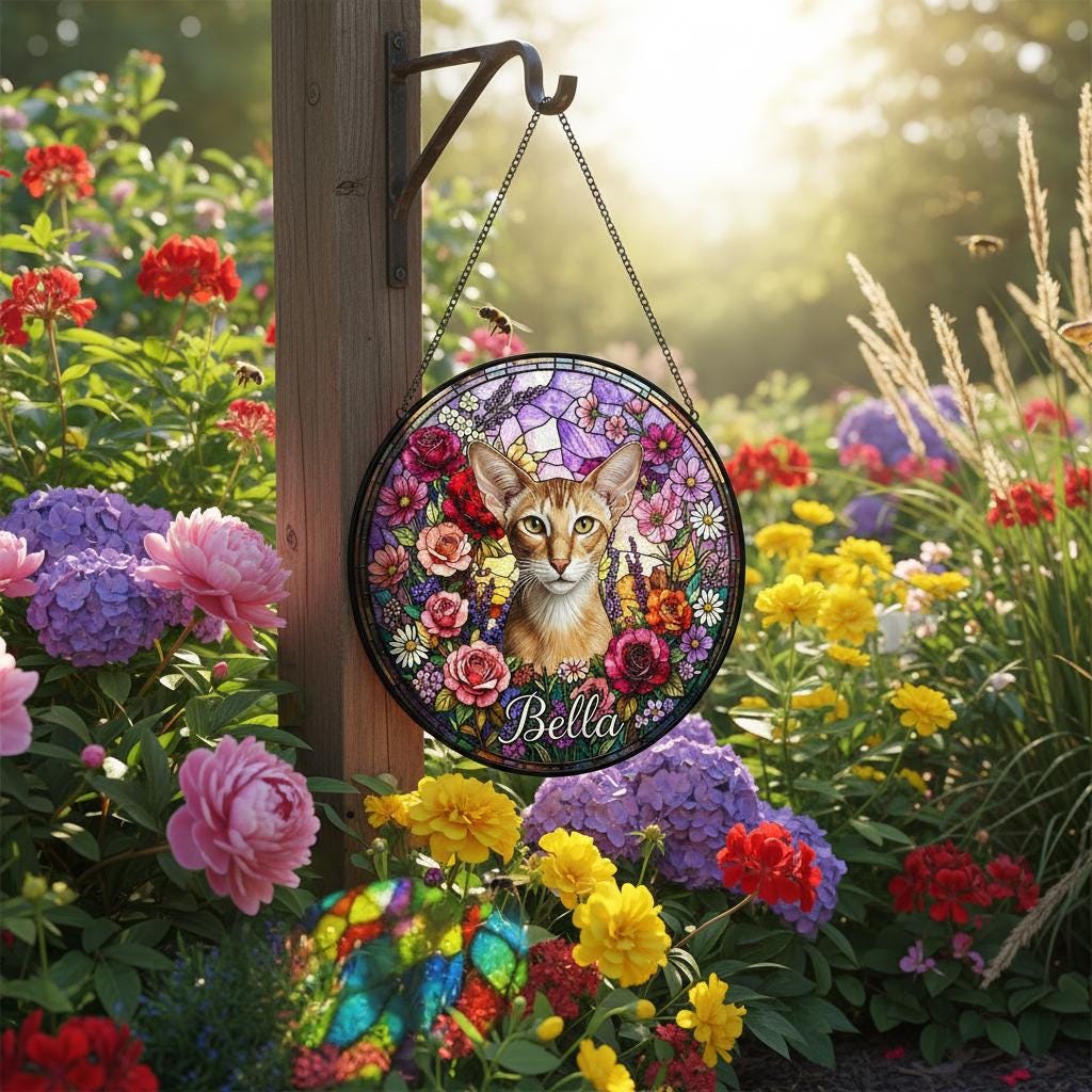 Personalized Oriental Shorthair Cat Portrait Stained Glass Suncatcher, Custom Pet Memorial Stained Glass Photo Suncatcher, Cat Loss Keepsake - image 4