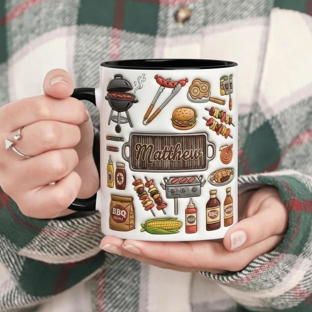 Personalized BBQ Mug, Custom Name Grilling Lover Coffee Cup, Gift for Men Women