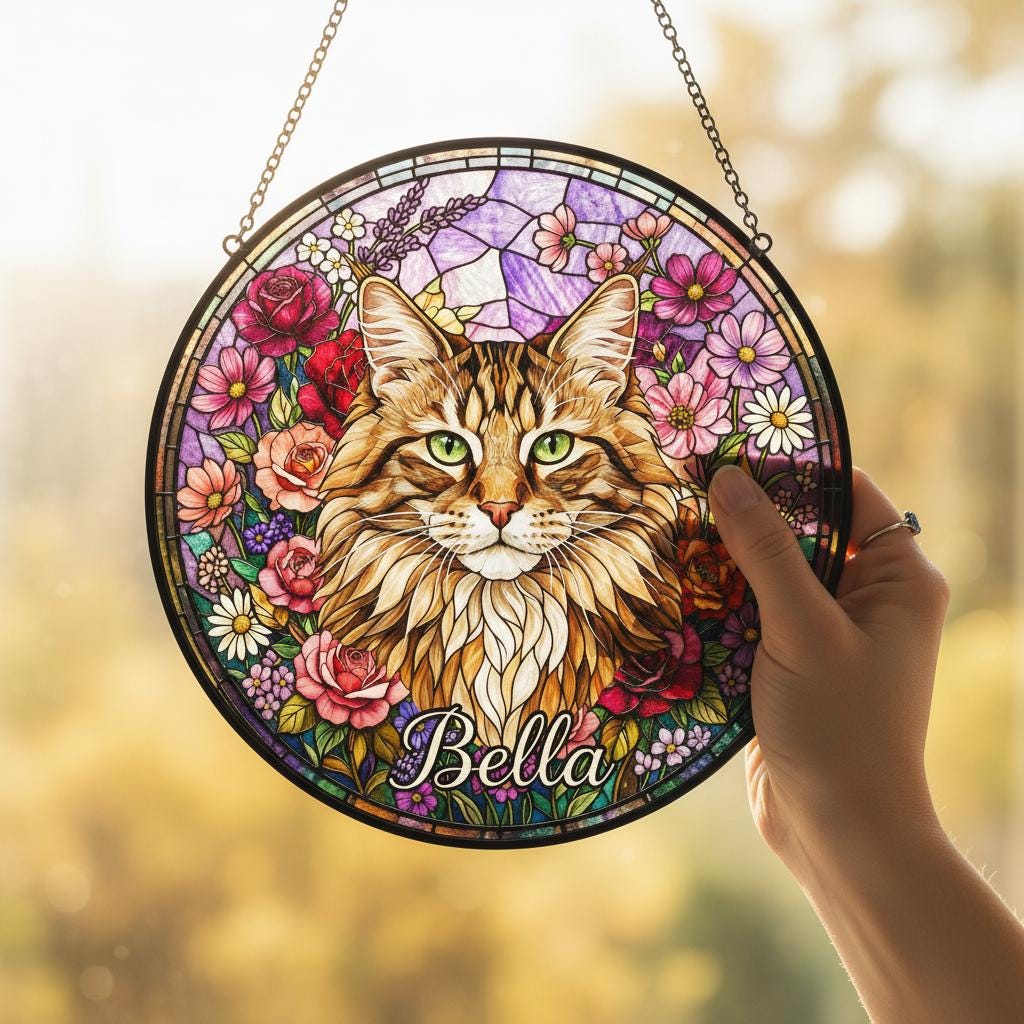 Personalized Norwegian Forest Cat Portrait Stained Glass Suncatcher, Custom Pet Memorial Stained Glass Photo Suncatcher, Cat Loss Keepsake - image 4