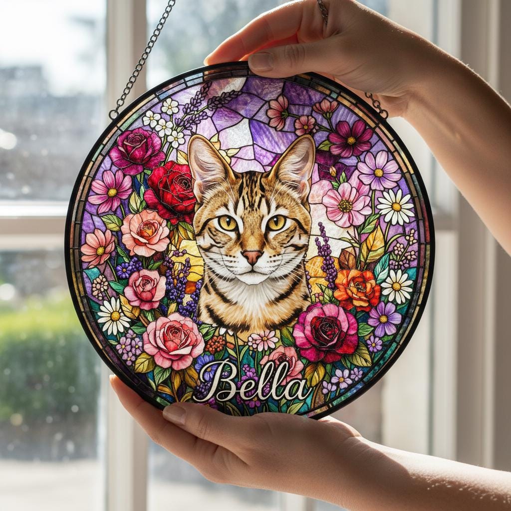 Personalized Savannah Cat Portrait Stained Glass Suncatcher, Custom Pet Memorial Stained Glass Photo Suncatcher, Cat Loss Keepsake