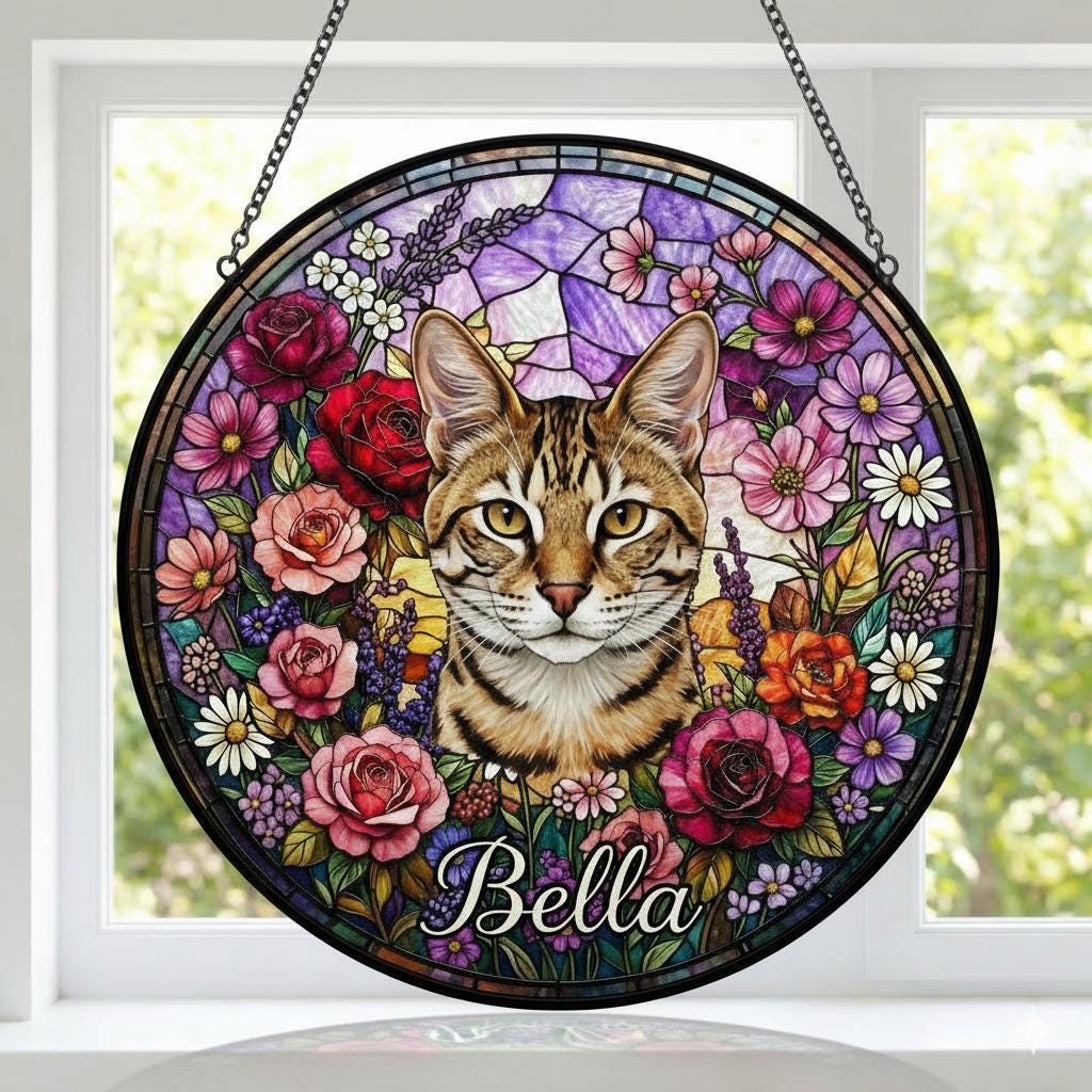 Personalized Savannah Cat Portrait Stained Glass Suncatcher, Custom Pet Memorial Stained Glass Photo Suncatcher, Cat Loss Keepsake - image 3