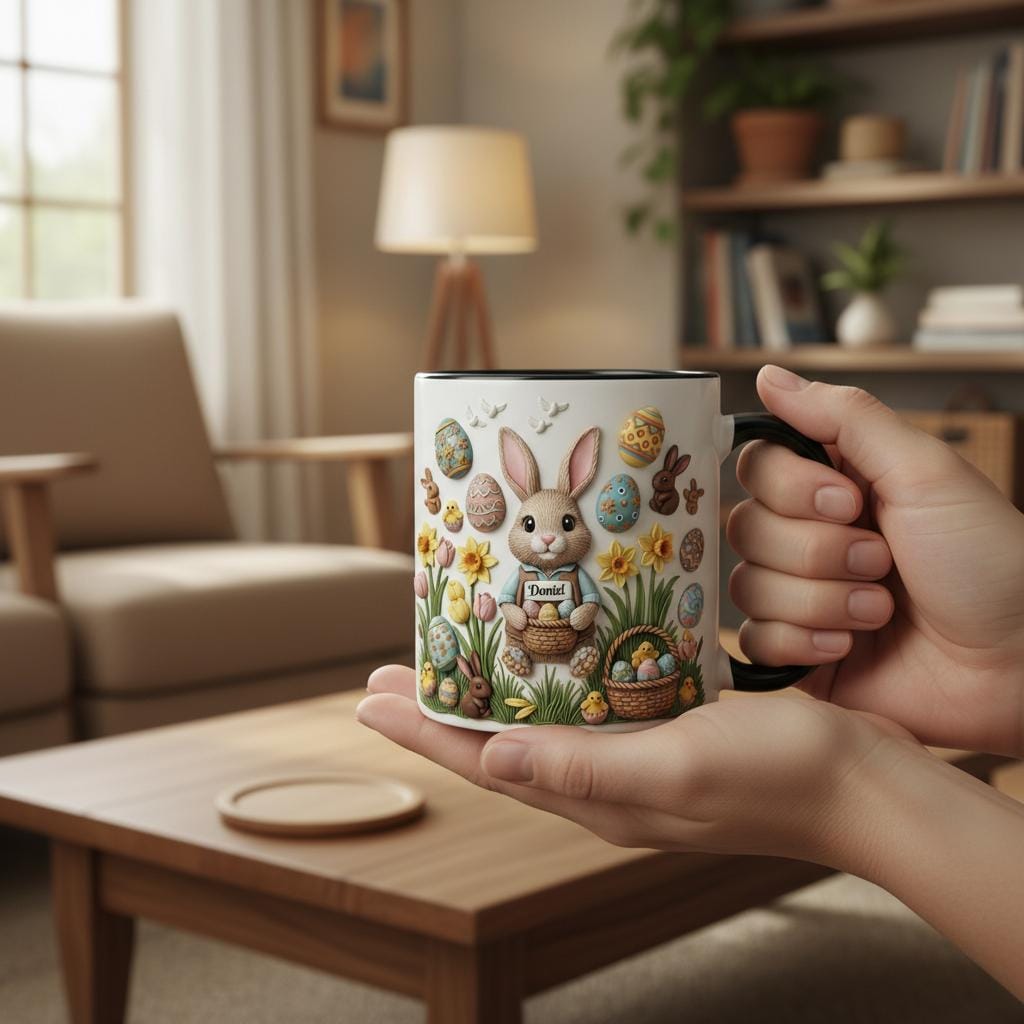 Personalized Bunny Easter Mug, Custom Name Easter Eggs Coffee Mugs, Cute Rabbit Easter Day Cup - image 2