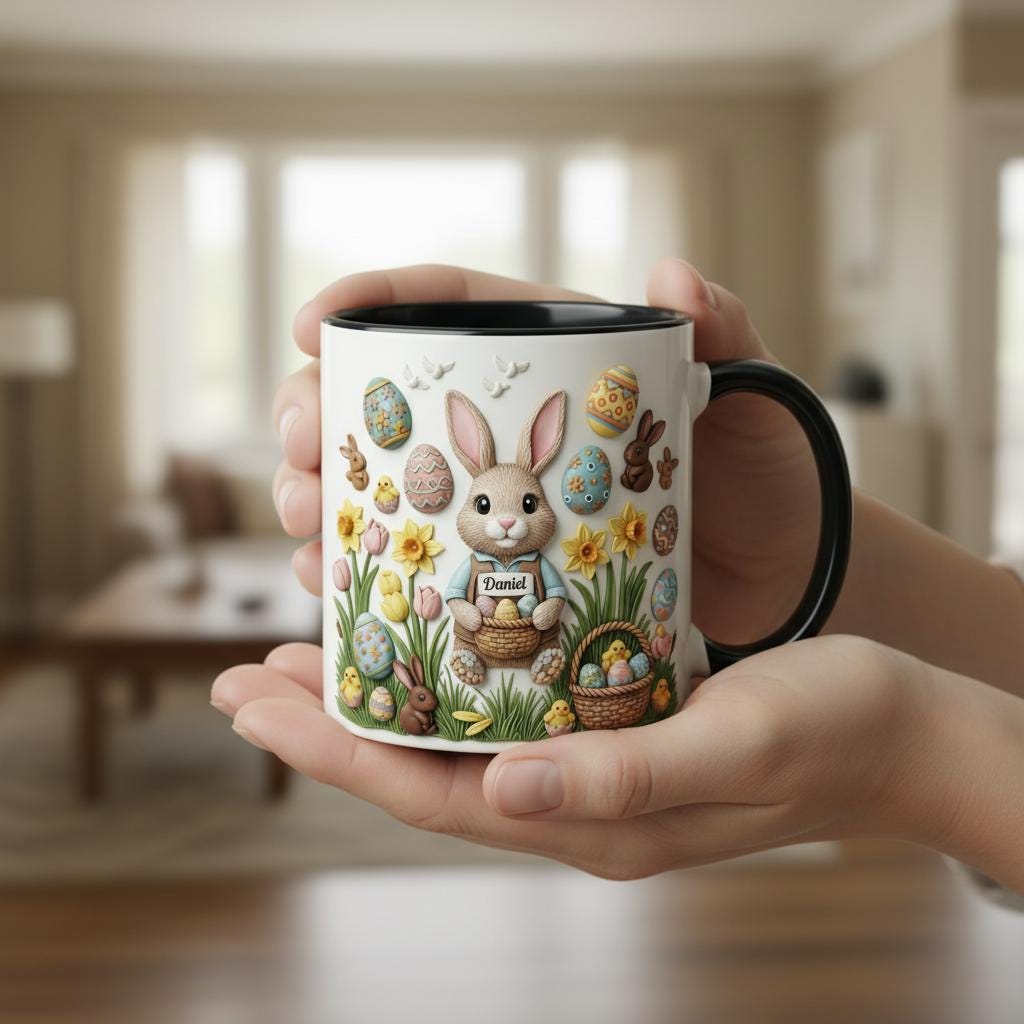 Personalized Bunny Easter Mug, Custom Name Easter Eggs Coffee Mugs, Cute Rabbit Easter Day Cup - image 3