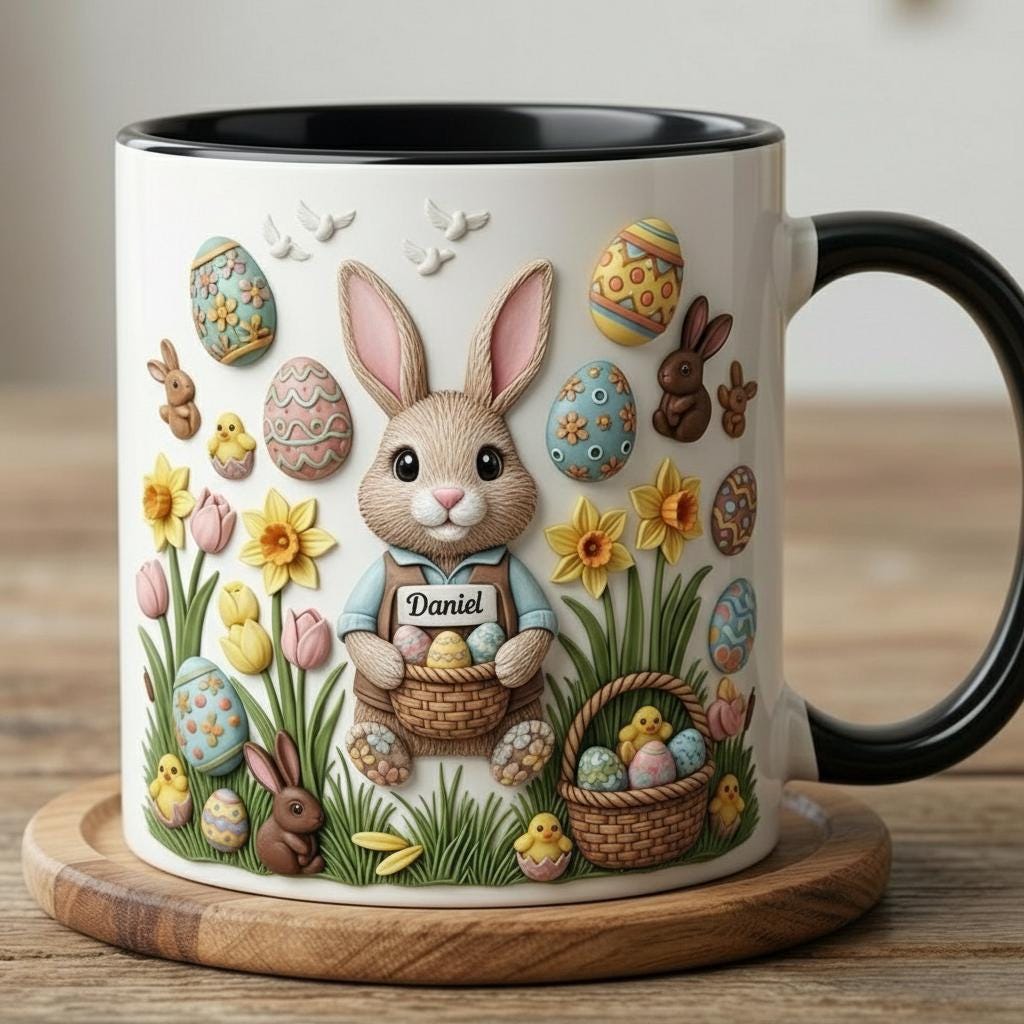 Personalized Bunny Easter Mug, Custom Name Easter Eggs Coffee Mugs, Cute Rabbit Easter Day Cup