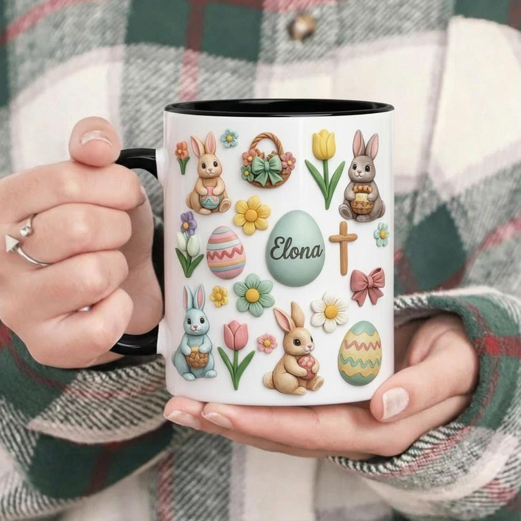 Retro Personalized Bunny Easter Mug, Custom Name Easter Eggs Coffee Mugs, Cute Rabbit Easter Day Cup