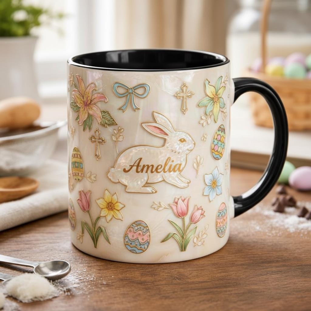 Personalized Bunny Easter Mug, Custom Name Easter Eggs Coffee Mugs, Retro Cute Rabbit Easter Day Cup