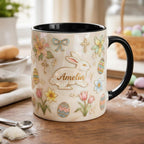 Personalized Bunny Easter Mug, Custom Name Easter Eggs Coffee Mugs, Retro Cute Rabbit Easter Day Cup