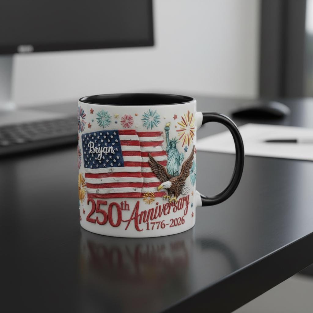 Custom Name 250th America Anniversary Mug, Personalized Independence Day Coffee Mugs, Patriotic USA Flag Cup