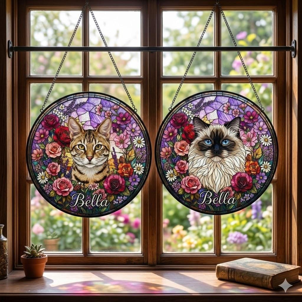 Personalized Himalayan Cat Portrait Stained Glass Suncatcher, Custom Pet Memorial Stained Glass Photo Suncatcher, Cat Loss Keepsake - image 4