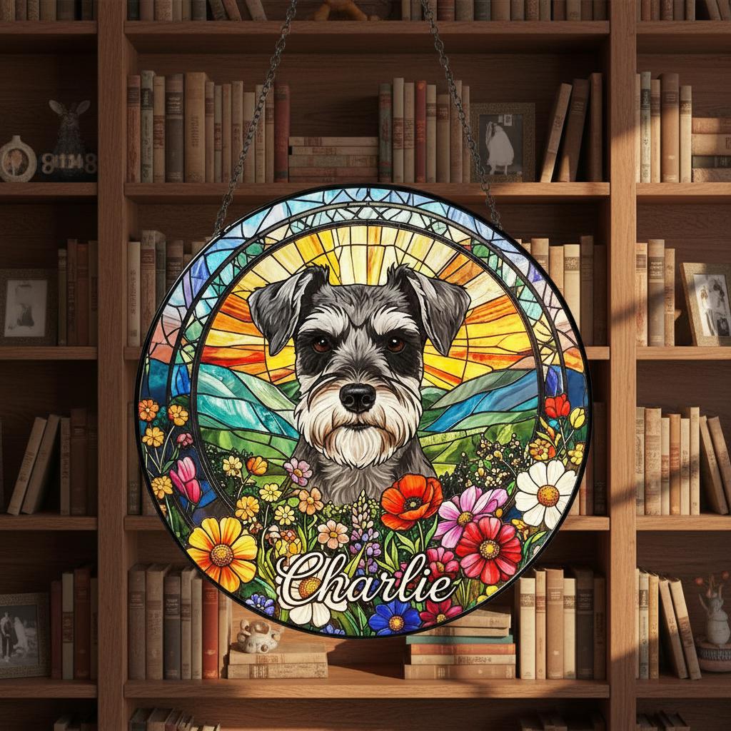Personalized Miniature Schnauzer Dog Portrait Stained Glass Suncatcher, Custom Pet Memorial Stained Glass Photo Suncatcher,Dog Loss Keepsake - image 3