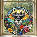 Personalized Miniature Schnauzer Dog Portrait Stained Glass Suncatcher, Custom Pet Memorial Stained Glass Photo Suncatcher,Dog Loss Keepsake