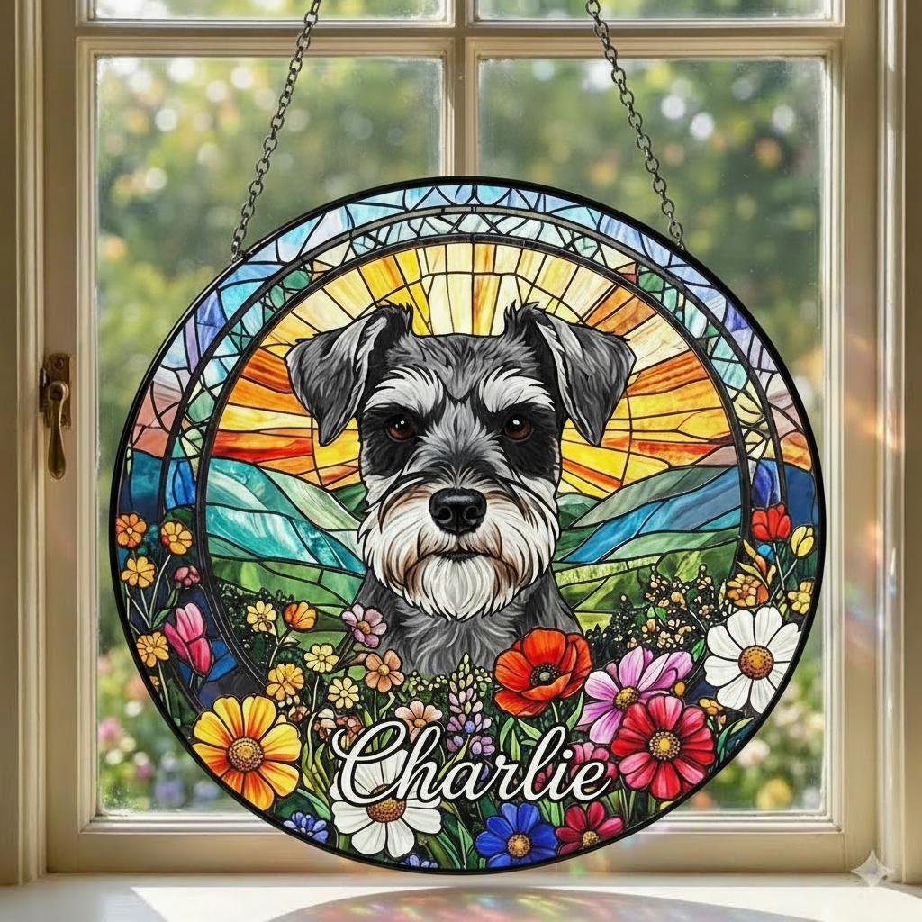 Personalized Miniature Schnauzer Dog Portrait Stained Glass Suncatcher, Custom Pet Memorial Stained Glass Photo Suncatcher,Dog Loss Keepsake
