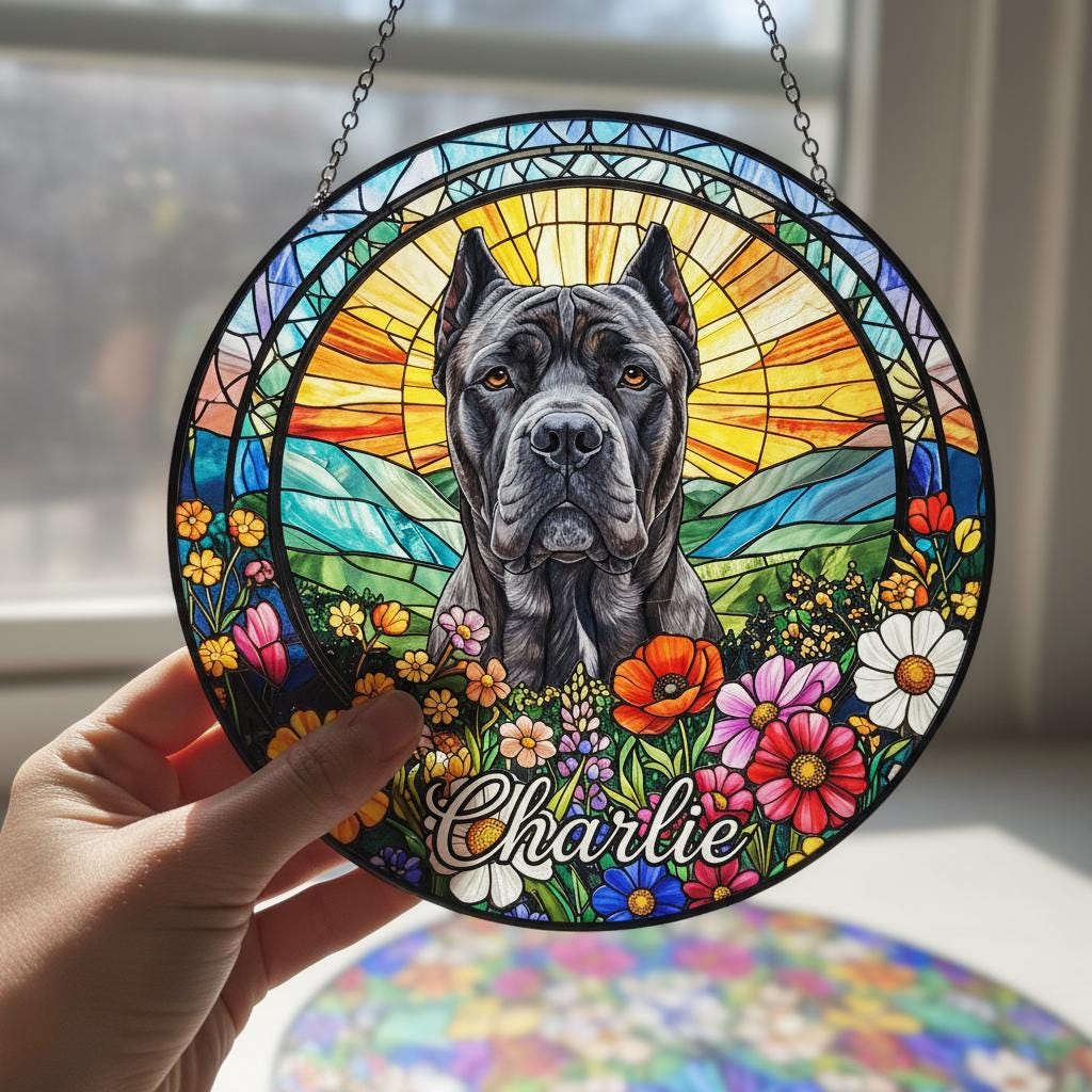 Personalized Cane Corso  Dog Portrait Stained Glass Suncatcher, Custom Pet Memorial Stained Glass Photo Suncatcher,Dog Loss Keepsake - image 5
