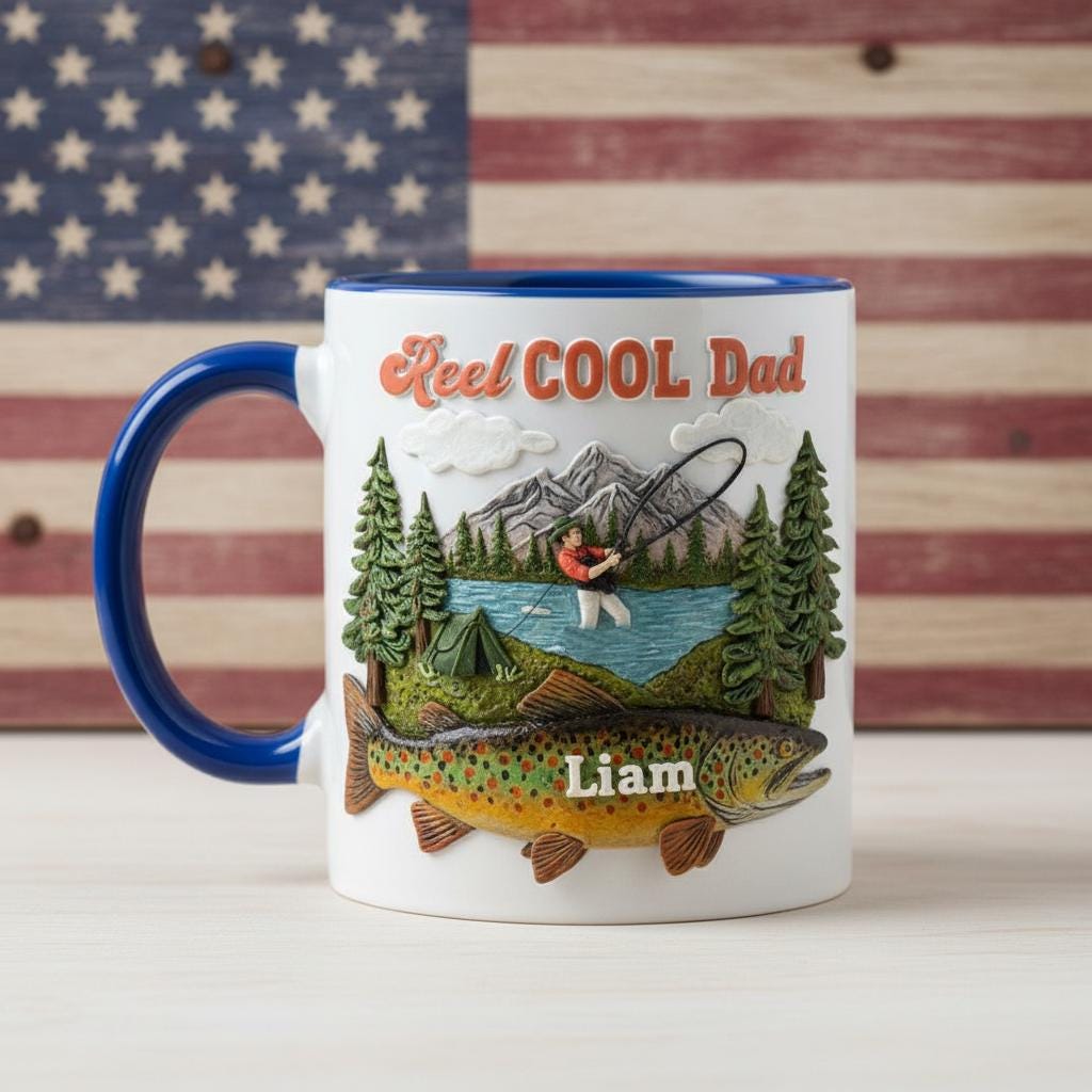 Personalized Fishing Lover Mug, Custom Name Dad Grandpa Coffee Cup, Reel Cool Dad Cups