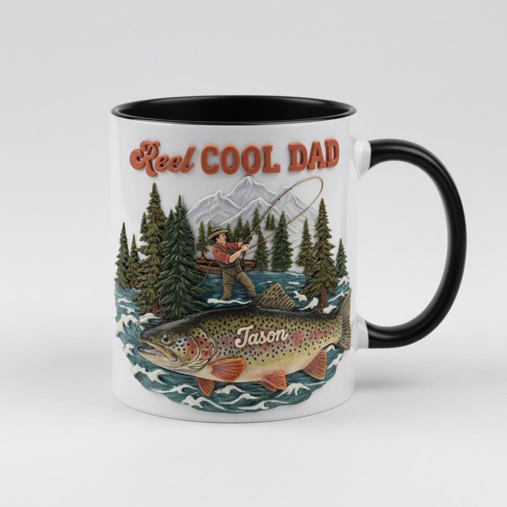 Personalized Fishing Dad Mug, Custom Name Grandpa Accent Coffee Cup, Reel Cool Dad Mugs