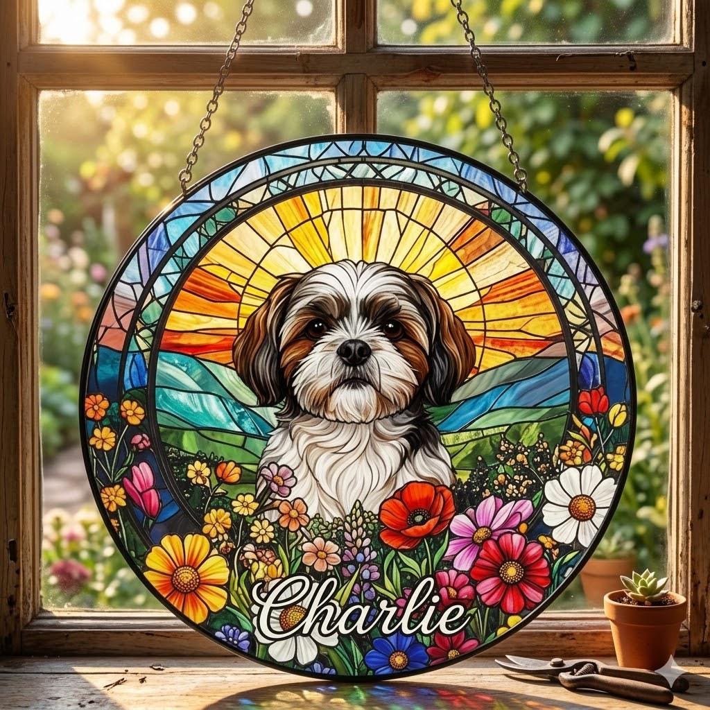 Personalized Shih Tzu  Dog Portrait Stained Glass Suncatcher, Custom Pet Memorial Stained Glass Photo Suncatcher,Dog Loss Keepsake