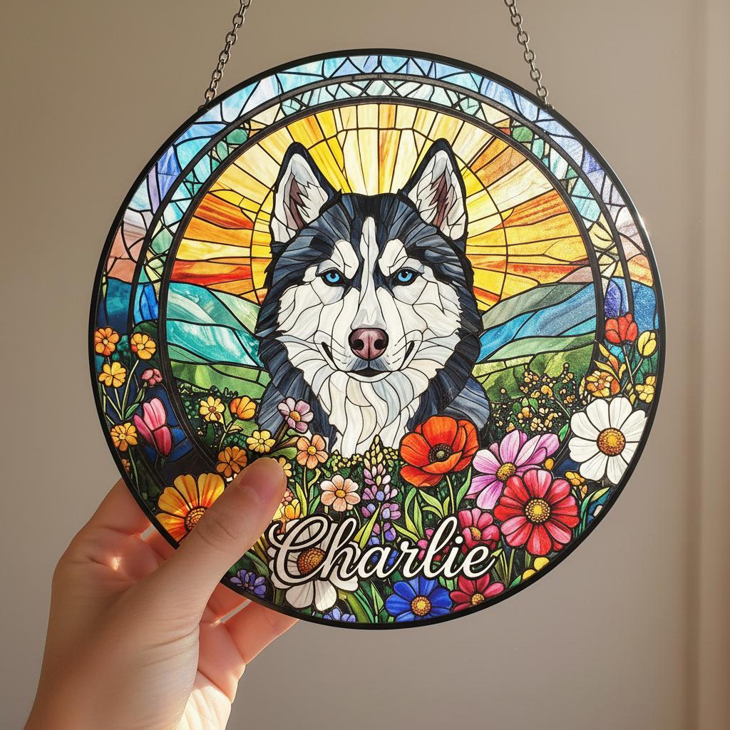 Personalized Siberian Husky    Dog Portrait Stained Glass Suncatcher, Custom Pet Memorial Stained Glass Photo Suncatcher,Dog Loss Keepsake - image 3