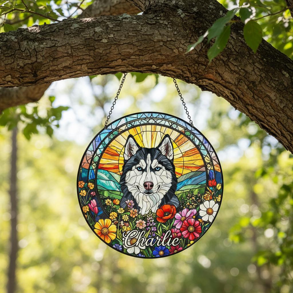 Personalized Siberian Husky    Dog Portrait Stained Glass Suncatcher, Custom Pet Memorial Stained Glass Photo Suncatcher,Dog Loss Keepsake - image 4